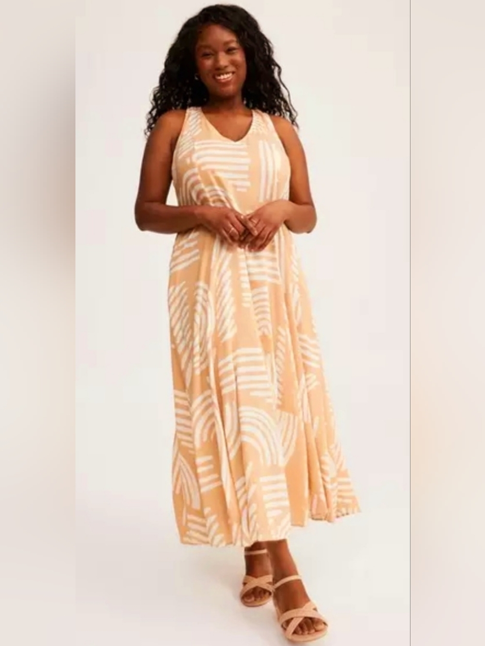 torrid Peach and White Geometric Print V-Neck Maxi Dress - Picture 11 of 12